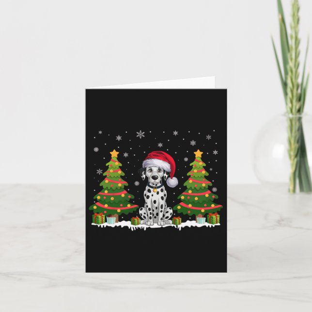 Xmas Tree Lights Dalmatian Dog Santa Hat Christmas Card (Front)