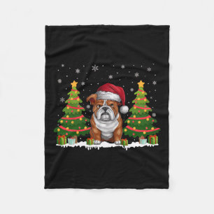 Xmas Tree Lights English Bulldog Santa Hat Christm Fleece Blanket