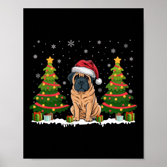 Xmas Tree Lights English Mastiff Dog Santa Christm Poster (Front)