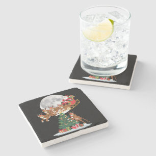 Xmas Tree Lights Funny Santa Riding Cheetah  Stone Coaster