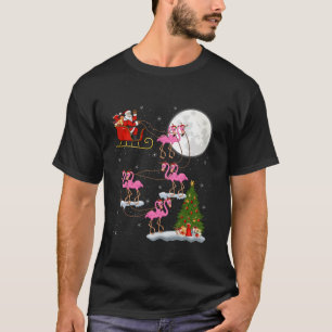 Xmas Tree Lights Funny Santa Riding Flamingo Bird  T-Shirt