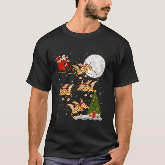 Xmas Tree Lights Funny Santa Riding Pterodactyl Ch T-Shirt (Front)