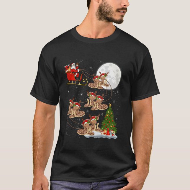 Xmas Tree Lights Funny Santa Riding Snake Christma T-Shirt (Front)