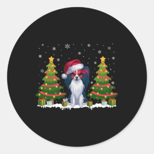 Xmas Tree Lights Papillon Dog Santa Hat Christmas  Classic Round Sticker