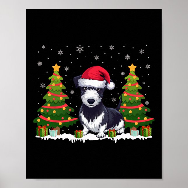 Xmas Tree Lights Rat Terrier Dog Santa Hat Christm Poster (Front)