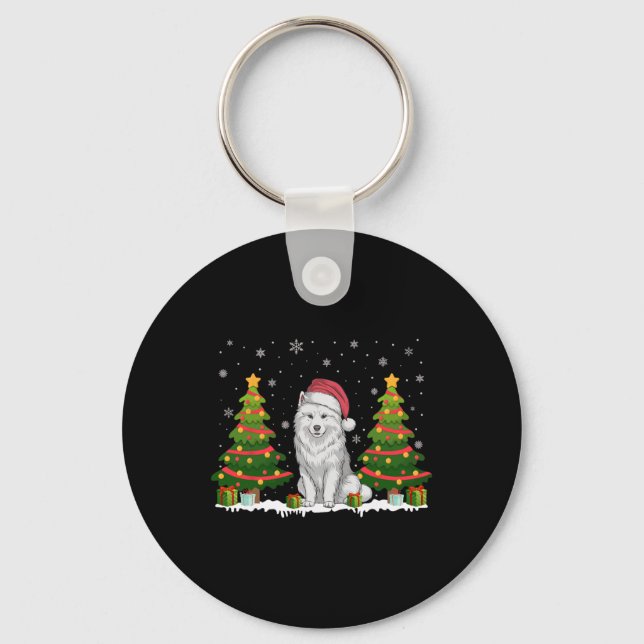 Xmas Tree Lights Samoyed Dog Santa Hat Christmas S Key Ring (Front)