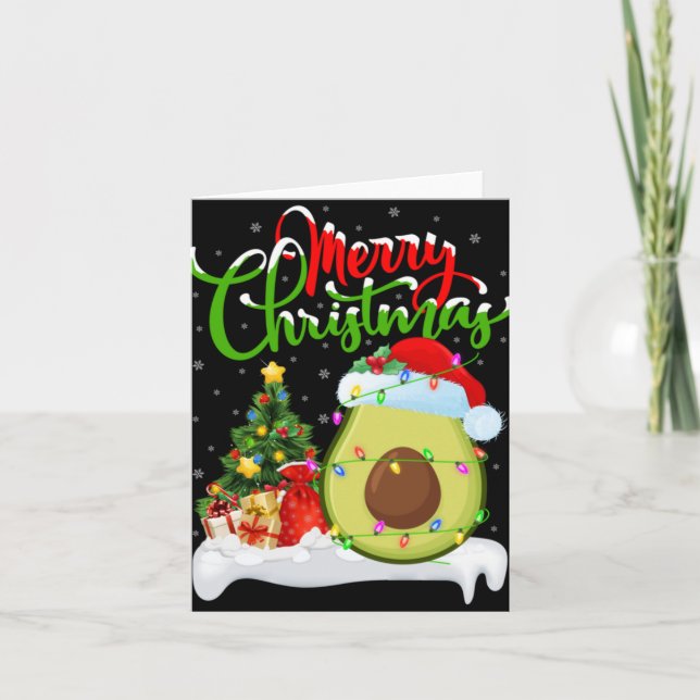 Xmas Tree Lights Santa Hat Avocado Fruit Christmas Card (Front)