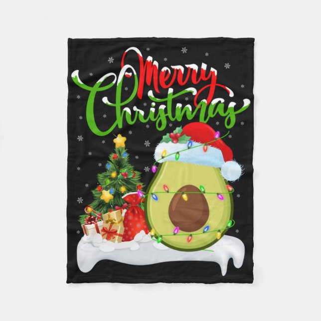 Xmas Tree Lights Santa Hat Avocado Fruit Christmas Fleece Blanket (Front)
