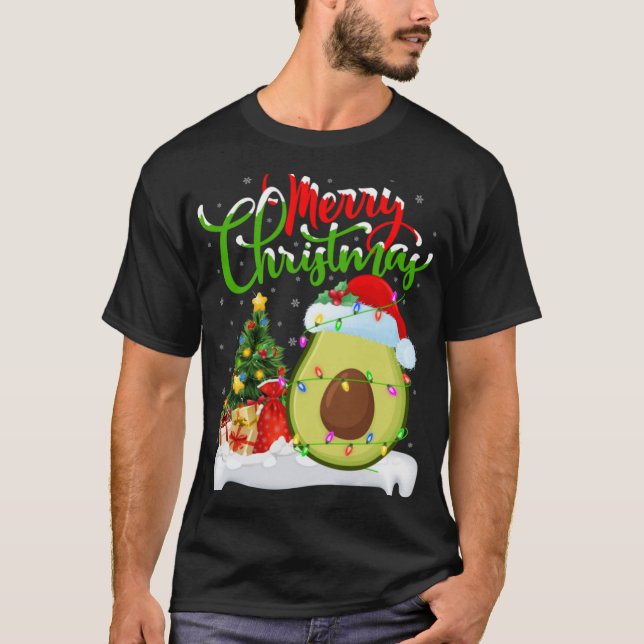 Xmas Tree Lights Santa Hat Avocado Fruit Christmas T-Shirt (Front)