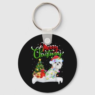 Xmas Tree Lights Santa Hat Maltese Dog Christmas T Key Ring