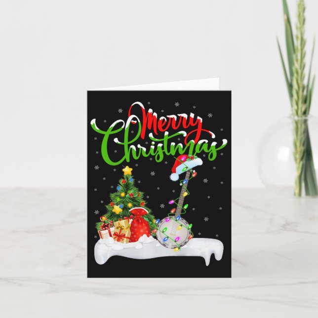 Xmas Tree Lights Santa Hat Musical Banjo Christmas Card (Front)