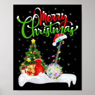 Xmas Tree Lights Santa Hat Musical Banjo Christmas Poster