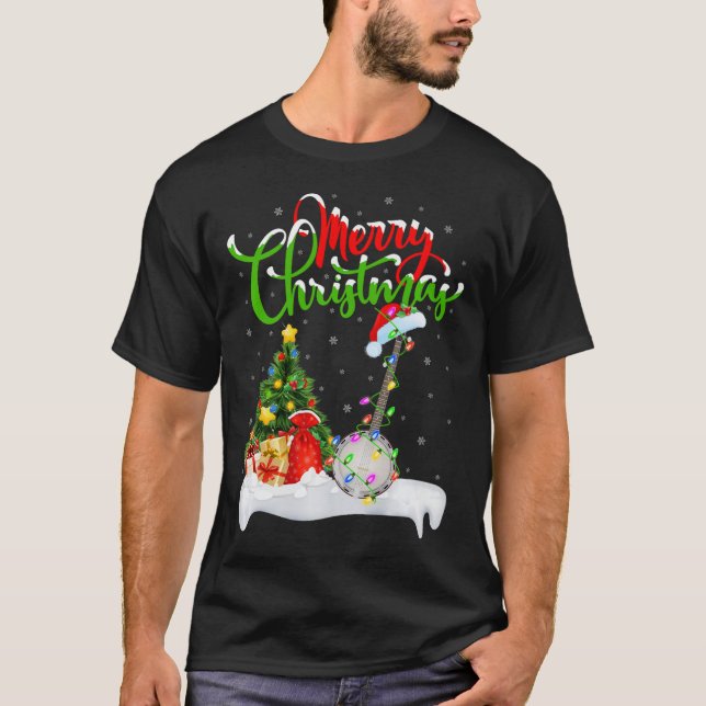 Xmas Tree Lights Santa Hat Musical Banjo Christmas T-Shirt (Front)