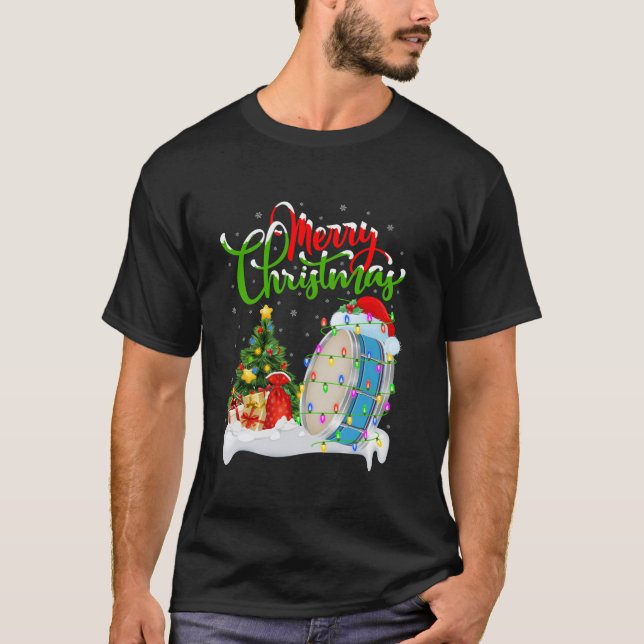 Xmas Tree Lights Santa Hat Musical Drum Christmas  T-Shirt (Front)