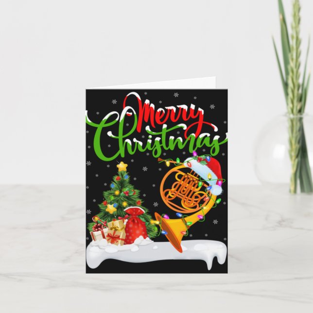 Xmas Tree Lights Santa Hat Musical French Horn Chr Card (Front)