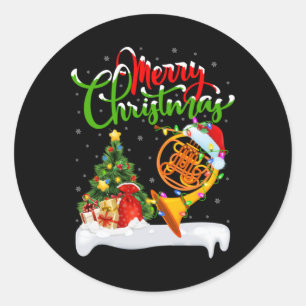 Xmas Tree Lights Santa Hat Musical French Horn Chr Classic Round Sticker