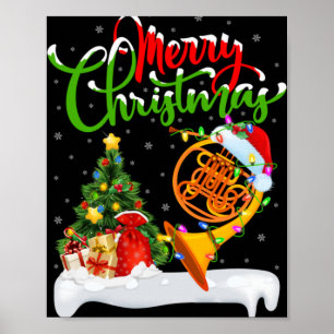Xmas Tree Lights Santa Hat Musical French Horn Chr Poster