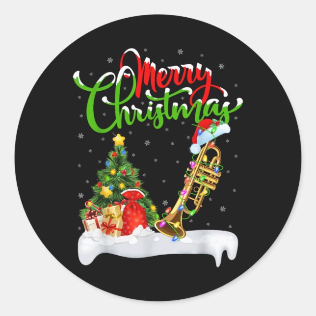 Xmas Tree Lights Santa Hat Musical Trumpet Christm Classic Round Sticker (Front)