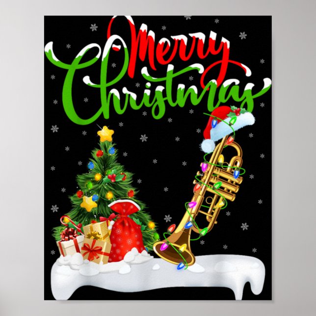 Xmas Tree Lights Santa Hat Musical Trumpet Christm Poster (Front)
