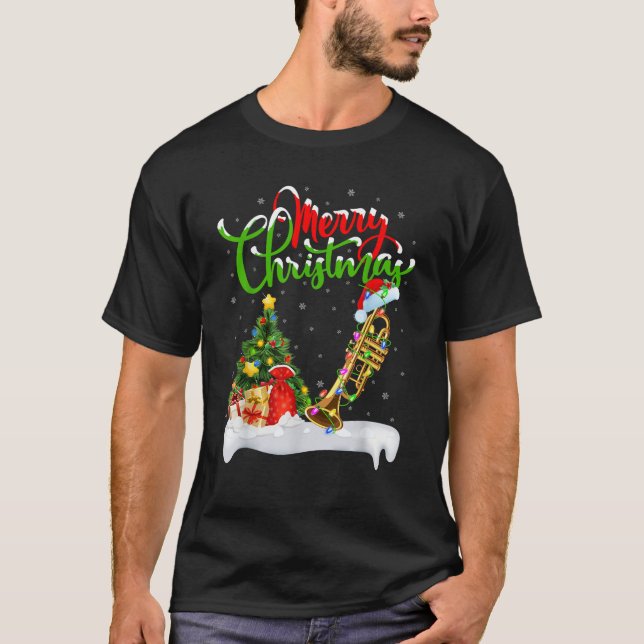 Xmas Tree Lights Santa Hat Musical Trumpet Christm T-Shirt (Front)