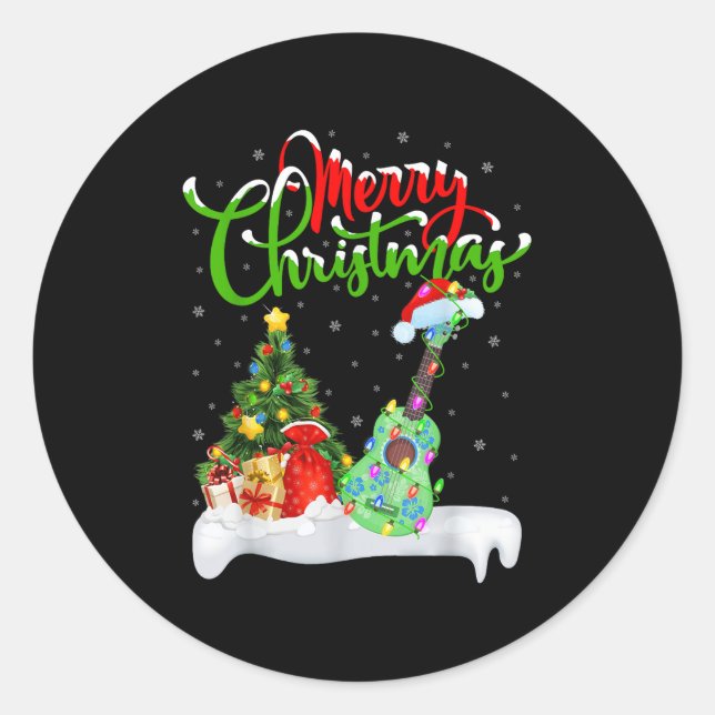 Xmas Tree Lights Santa Hat Musical Ukulele Guitar  Classic Round Sticker (Front)