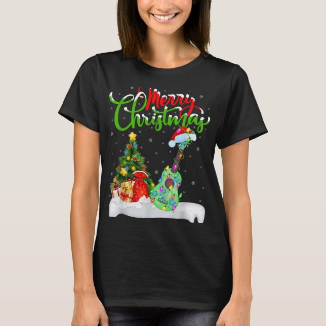 Xmas Tree Lights Santa Hat Musical Ukulele Guitar  T-Shirt (Front)