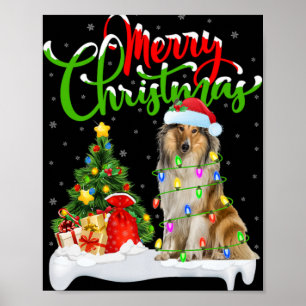 Xmas Tree Lights Santa Hat Rough Collie Dog Christ Poster
