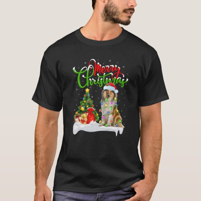 Xmas Tree Lights Santa Hat Rough Collie Dog Christ T-Shirt (Front)