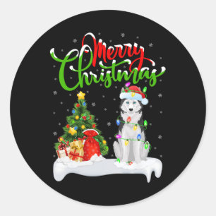 Xmas Tree Lights Santa Hat Siberian Husky Dog Chri Classic Round Sticker