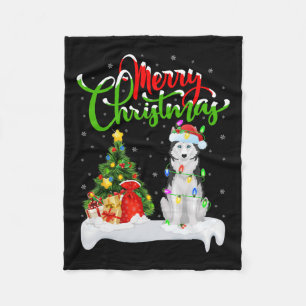 Xmas Tree Lights Santa Hat Siberian Husky Dog Chri Fleece Blanket