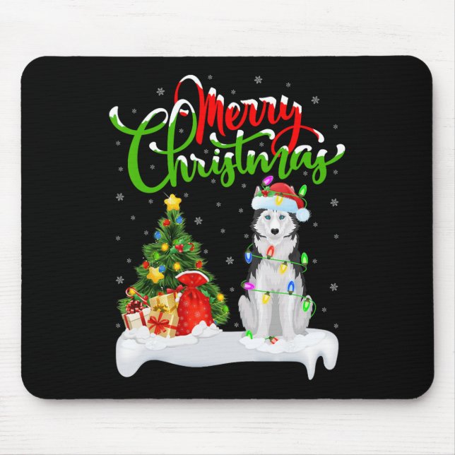Xmas Tree Lights Santa Hat Siberian Husky Dog Chri Mouse Mat (Front)