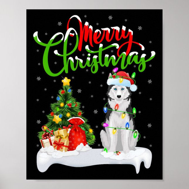 Xmas Tree Lights Santa Hat Siberian Husky Dog Chri Poster (Front)