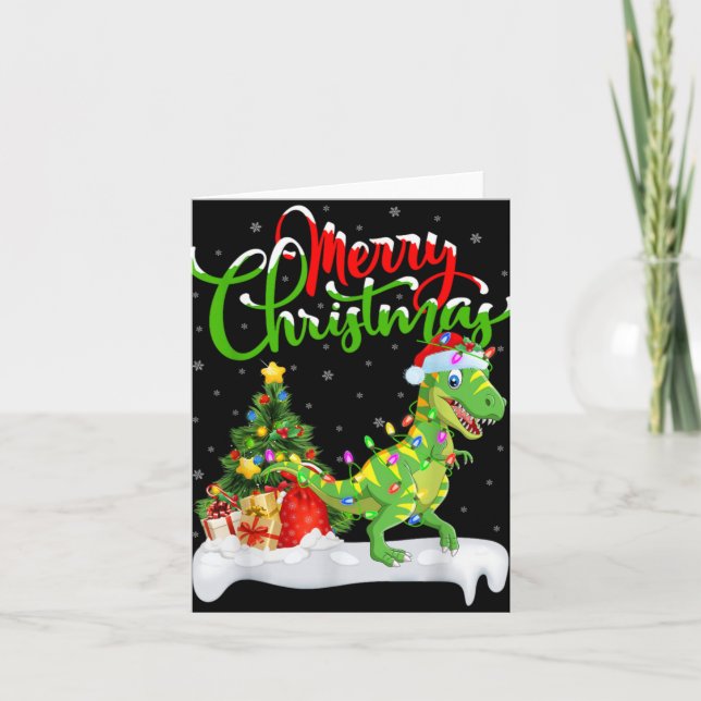 Xmas Tree Lights Santa Hat T Rex Dinosaur Christma Card (Front)