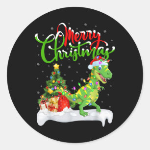 Xmas Tree Lights Santa Hat T Rex Dinosaur Christma Classic Round Sticker