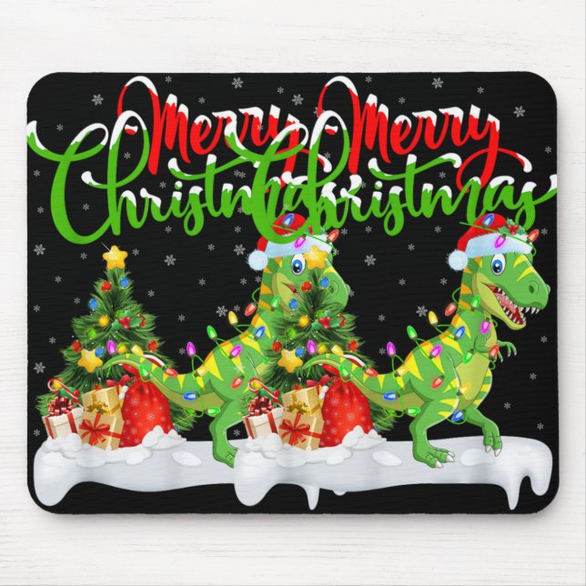 Xmas Tree Lights Santa Hat T Rex Dinosaur Christma Mouse Mat (Front)