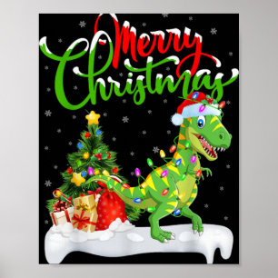 Xmas Tree Lights Santa Hat T Rex Dinosaur Christma Poster