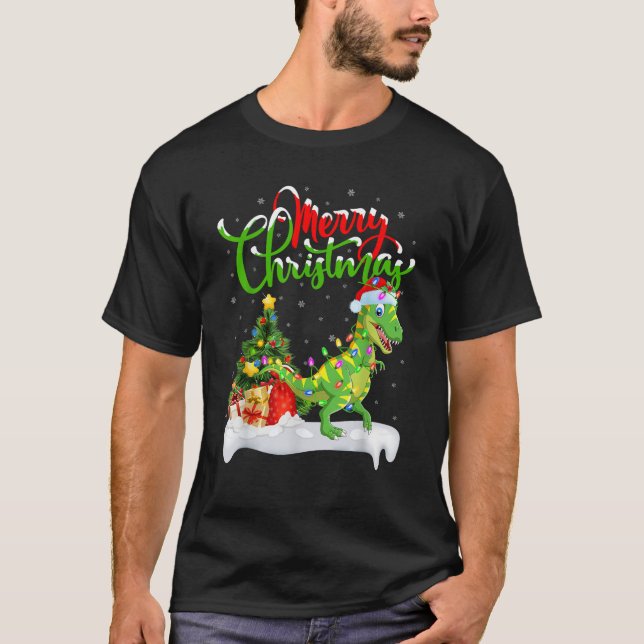 Xmas Tree Lights Santa Hat T Rex Dinosaur Christma T-Shirt (Front)