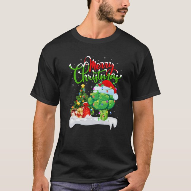 Xmas Tree Lights Santa Hat Vegetable Broccoli Chri T-Shirt (Front)