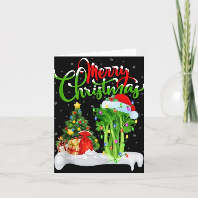 Xmas Tree Lights Santa Hat Vegetable Celery Christ Card (Front)