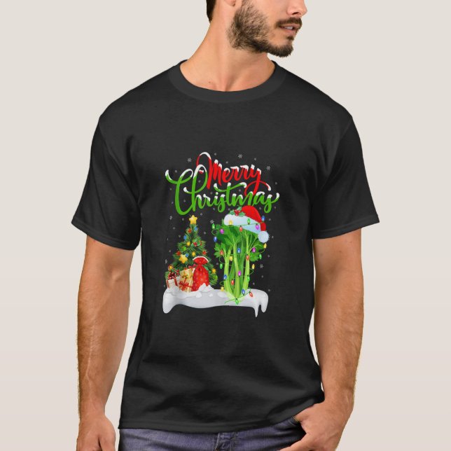 Xmas Tree Lights Santa Hat Vegetable Celery Christ T-Shirt (Front)