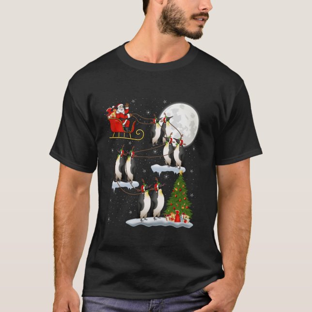Xmas Tree Lights Santa Riding Emperor Penguin Bird T-Shirt (Front)