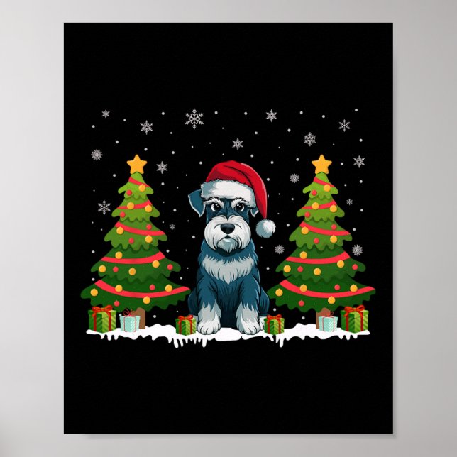 Xmas Tree Lights Schnauzer Dog Santa Hat Christmas Poster (Front)