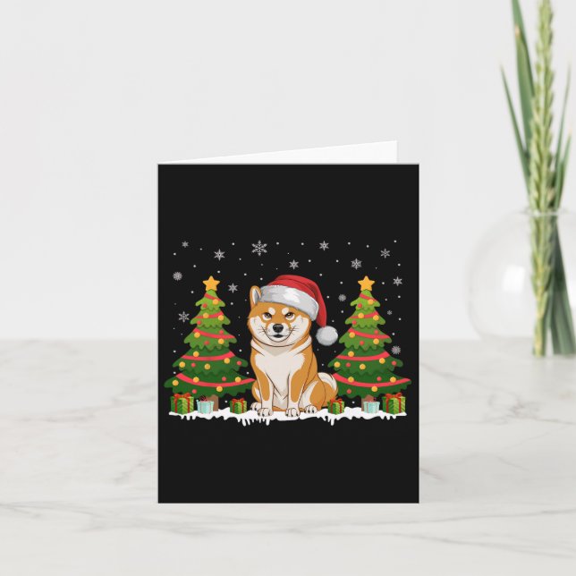 Xmas Tree Lights Shiba Inu Dog Santa Hat Christmas Card (Front)