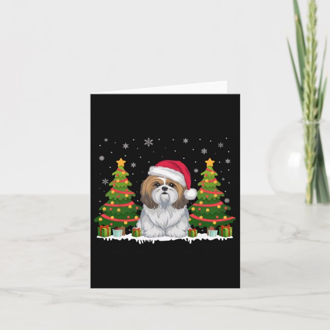 Xmas Tree Lights Shih Tzu Dog Santa Hat Christmas  Card (Front)