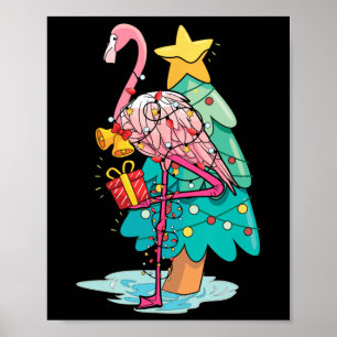 Xmas Tree Lights Tropical Flamingo Animal Christma Poster