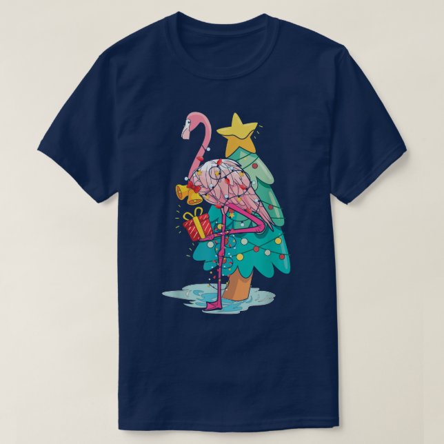 Xmas Tree Lights Tropical Flamingo Animal Christma T-Shirt (Design Front)