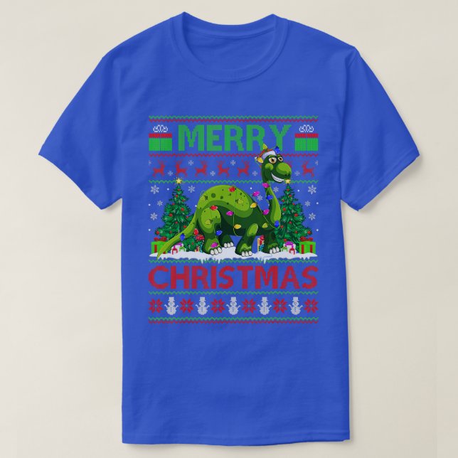 Xmas Tree Lights Ugly Santa Brontosaurus Dinosaur  T-Shirt (Design Front)