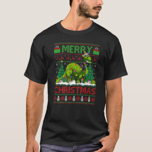 Xmas Tree Lights Ugly Santa Brontosaurus Dinosaur T-Shirt