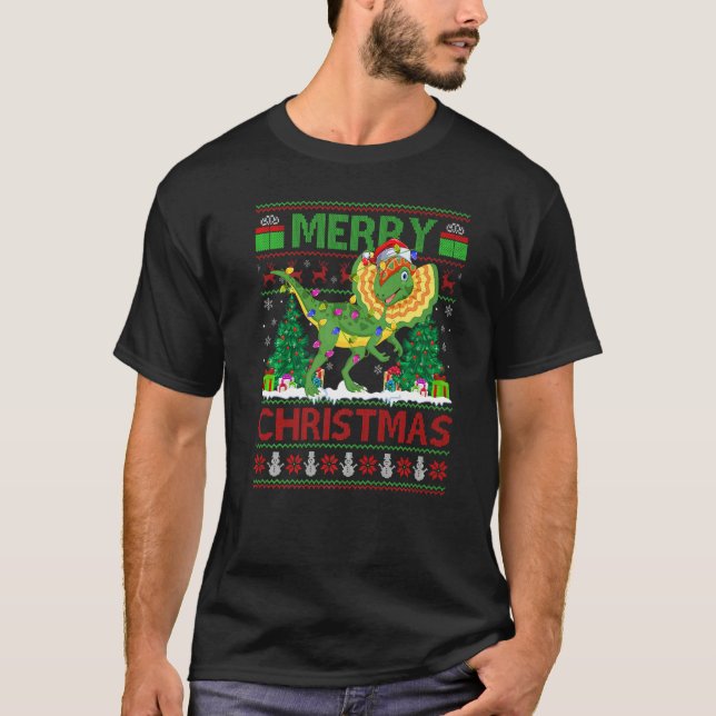 Xmas Tree Lights Ugly Santa Dilophosaurus Dinosaur T-Shirt (Front)