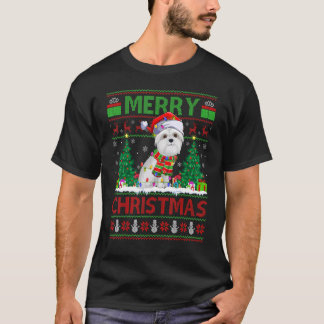 Xmas Tree Lights Ugly Santa Maltipoo Dog Christmas T-Shirt